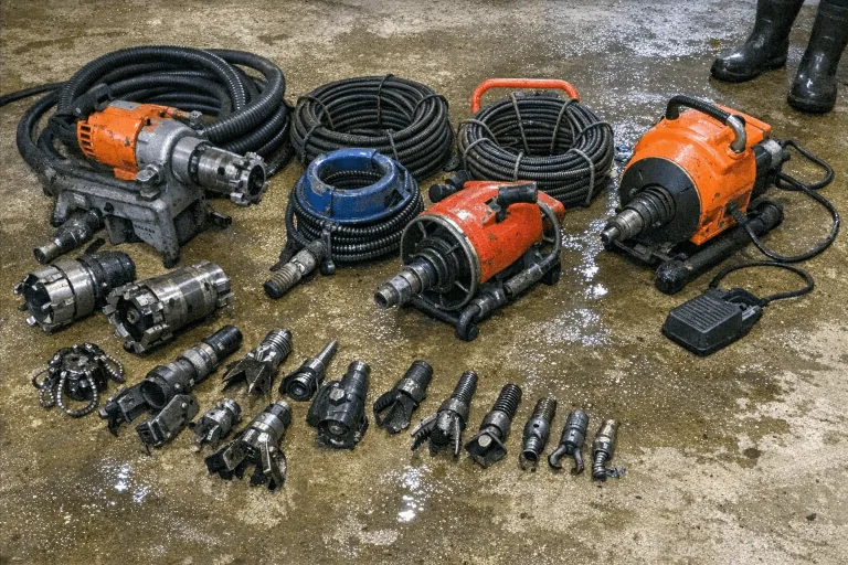 Rohrreinigungswerkzeuge und Zubehör sind vorbereitet auf der Arbeitsfläche