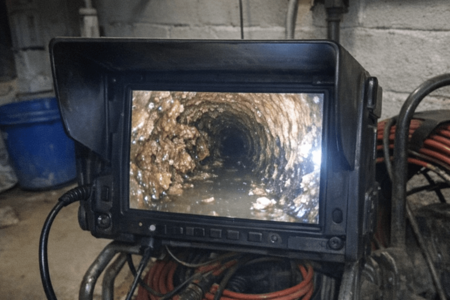 Prüfgerät und Werkzeug stehen im Bad neben einem geöffneten Revisionszugang