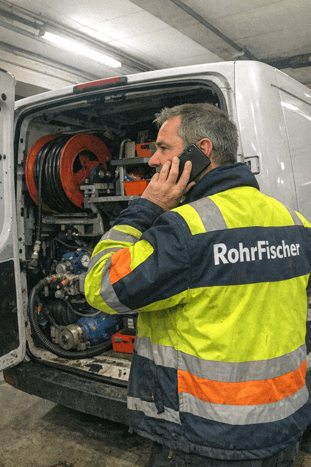 Techniker telefoniert mit einem Kunden und notiert Einsatzdaten auf einem Formular