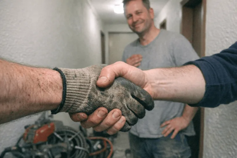 Kundin spricht mit einem Techniker nach der Durchführung der Arbeiten