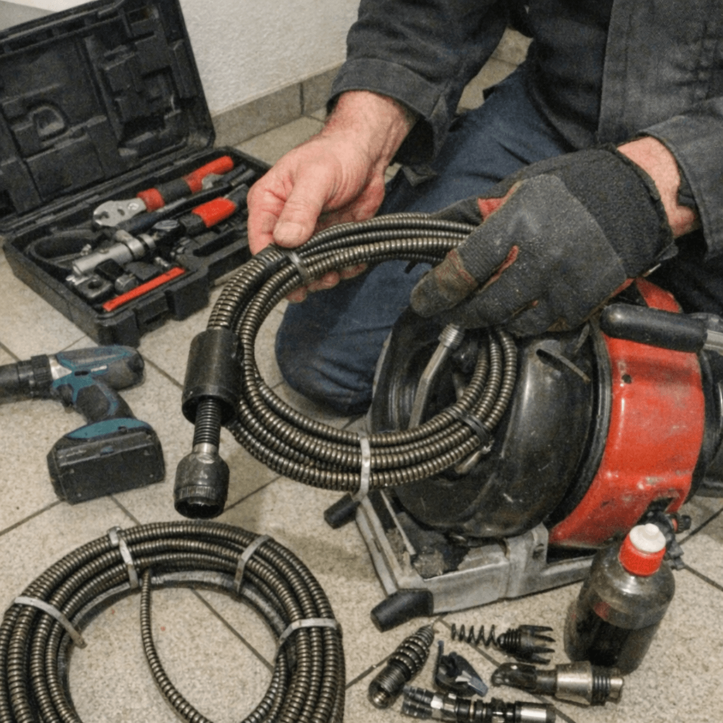 Monteur legt Reinigungsspirale und Schutzhandschuhe neben einem Waschbecken bereit