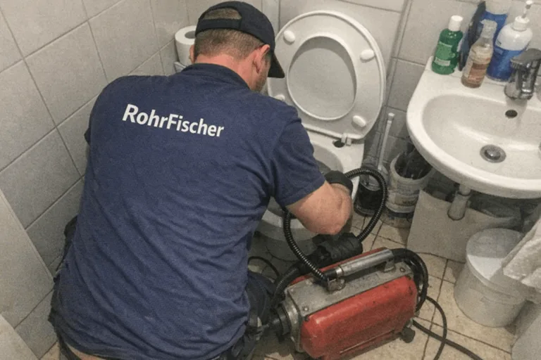 Techniker inspiziert eine Toilettenleitung mit seinen Werkzeugen in einer Wohnung