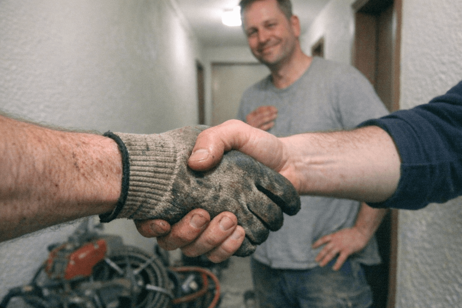 Kunde und Handwerker besprechen das Ergebnis neben der Badezimmertür